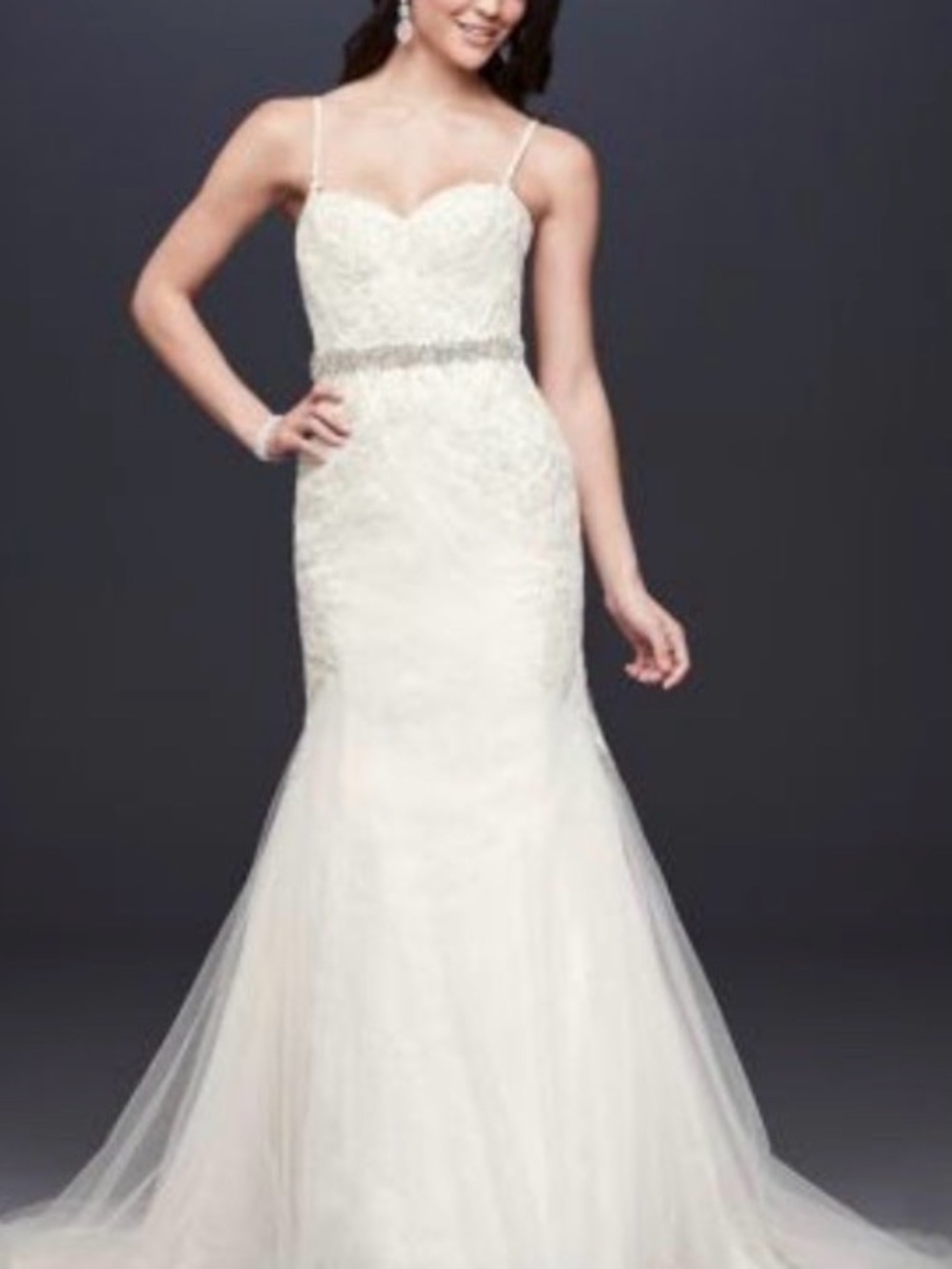 Ivory Lace Mermaid Wedding Dress with Beaded Waist and Spaghetti Straps